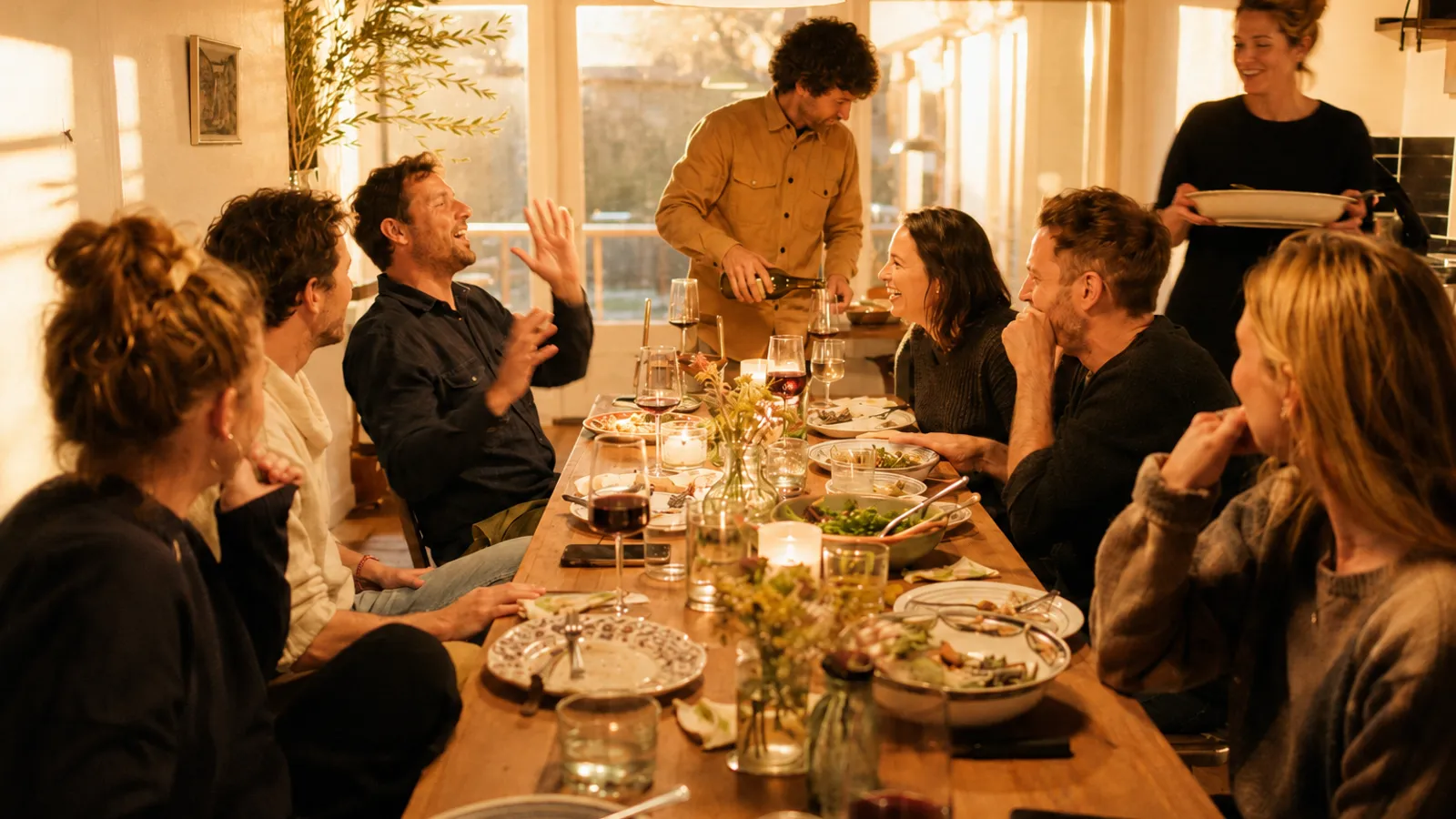 A group of friends around a long wooden dinner table in a large holiday house, mid-laughter over a shared evening meal, one person pouring wine and another bringing a dish through from the kitchen.