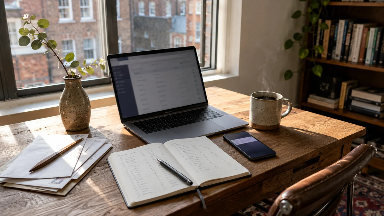 A modern UK city flat home-office desk in late morning: an open laptop showing a soft-focus list of names with ticks, a phone face-up beside it, a notebook with handwritten entries and ticks, a stoneware mug of coffee with steam rising, a stem of eucalyptus in a small ceramic vase, a stack of letters, and a pen. Bright daylight from a slim-frame window with a view of London brick buildings.