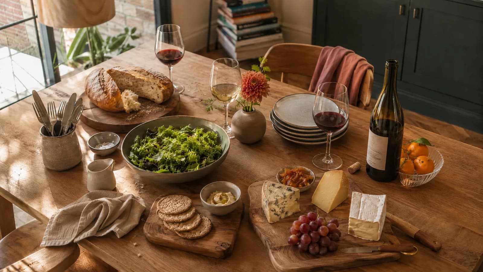 A modern UK city flat dining table mid-meal: a sourdough loaf with a torn-off chunk on a wooden board, a bowl of leafy green salad, a cheese board with blue, hard, and brie cheeses with grapes and chutney, oatcakes and butter, clementines, three glasses of red and white wine, an open wine bottle, and a single dahlia in a small ceramic vase. Warm sunlight across the wooden table.