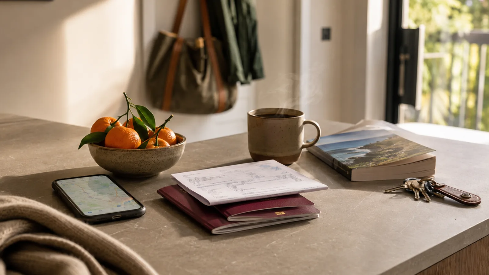 A modern UK city flat kitchen counter on the morning of a trip: two UK passports stacked with a folded insurance document on top, a paperback UK coastal guidebook, a small bowl of clementines, a stoneware mug of black coffee with steam rising, a set of keys on a leather fob, and a phone showing a soft-focus map. A coat hook in the background holds a canvas tote, a green coat, and a sunhat. Bright morning light through a balcony door.