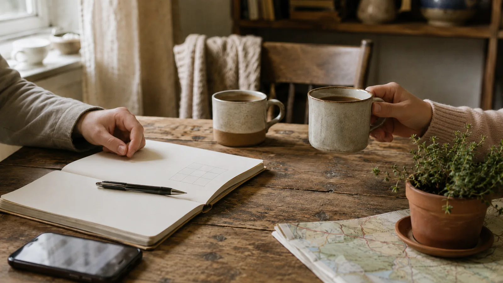 Two pairs of hands at a wooden kitchen table planning a group trip: an open notebook with a sketched calendar grid, mugs of tea, a folded paper map, and a small terracotta thyme pot in a cottage kitchen.