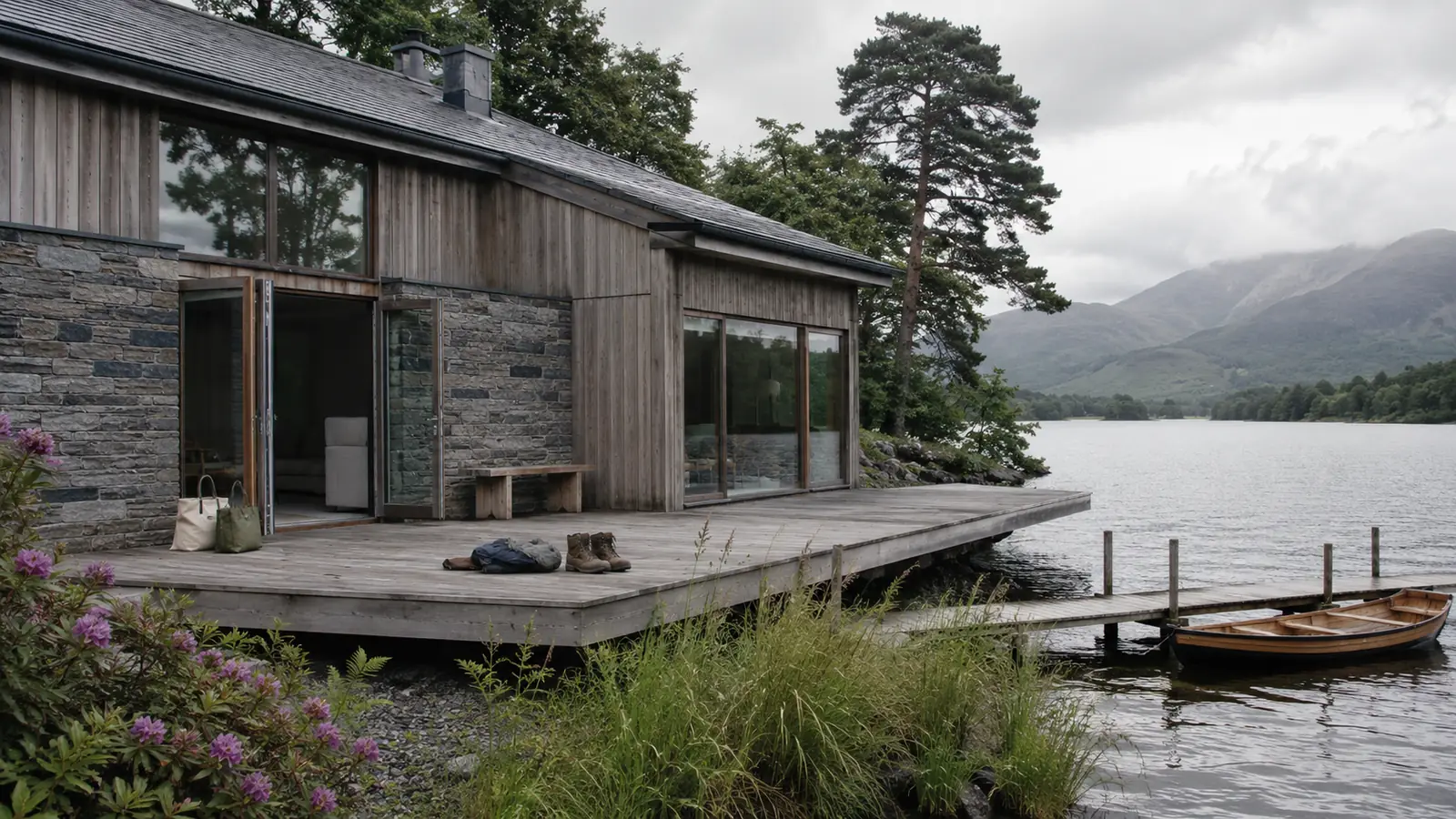 A modern UK lakeside house in the Lake District style - weathered timber cladding over slate-grey stone walls, large sliding doors open onto a wooden deck with walking boots and a canvas tote, a wooden jetty extending into the lake with a rowing boat tied to it. Fells rising in the soft-focus background with low cloud, wild meadow grasses and rhododendrons around the property. Bright overcast UK lakeside afternoon.