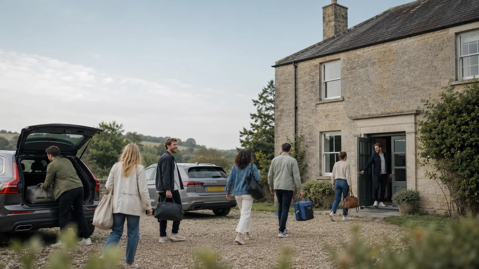 A group of friends arriving with bags at a UK country cottage on a bright afternoon