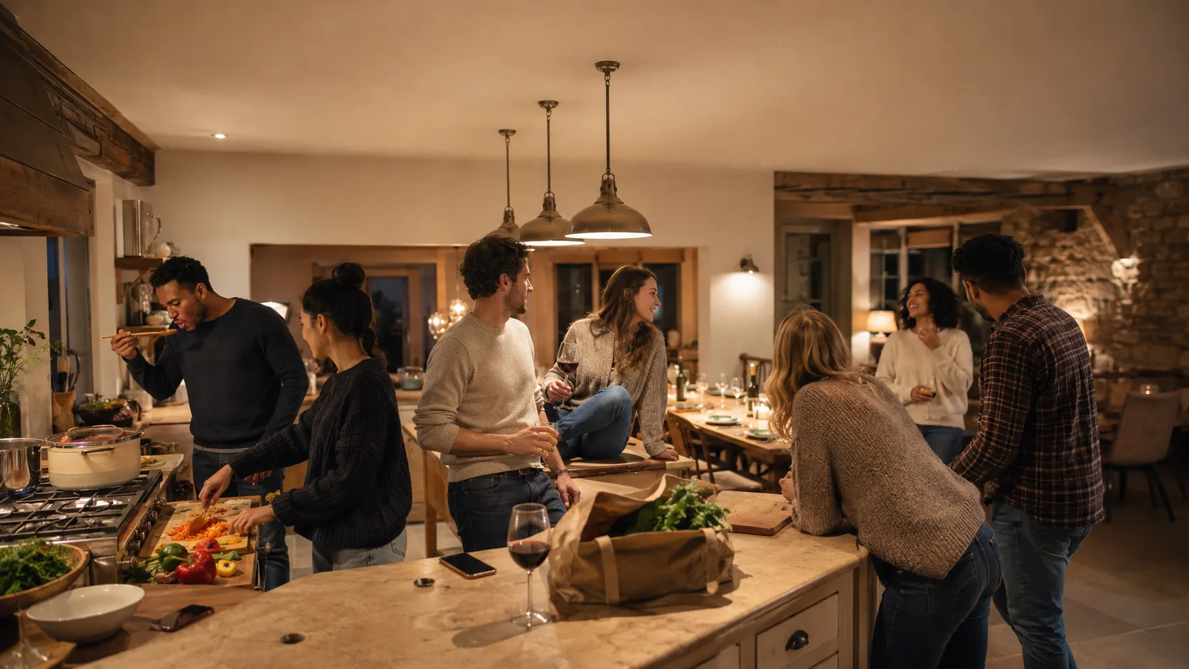 A group of friends gathered around a kitchen island in a country house, cooking and chatting in warm evening light