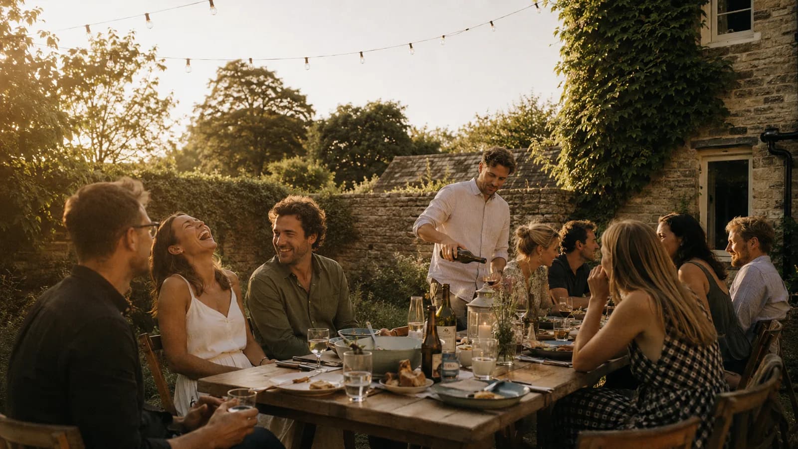 Friends gathered around an outdoor table at a UK country cottage at golden hour, with a host serving food