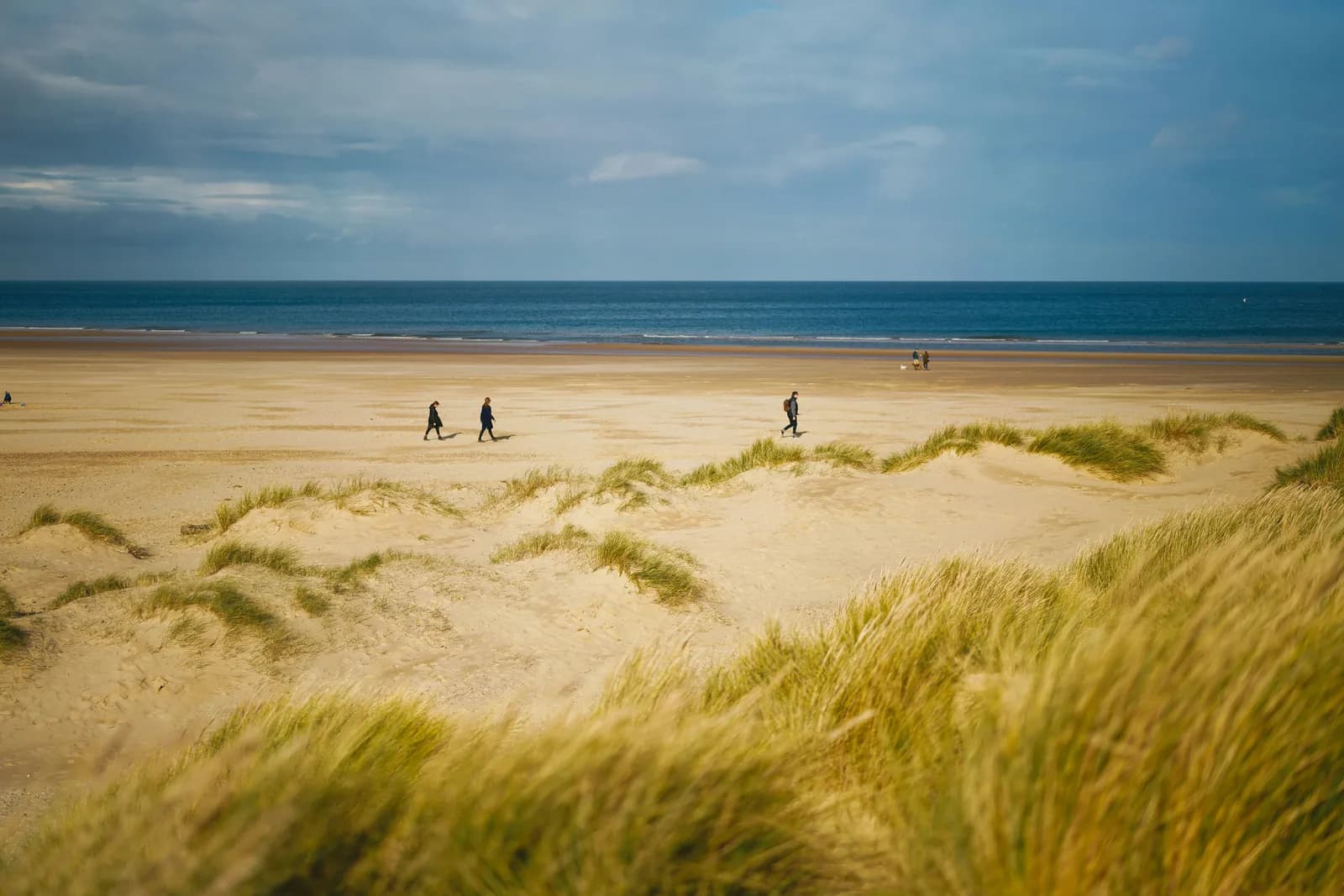 Walkers and a dog on the wide open sands of the North Norfolk coast, with marram-grass dunes in the foreground and a big cloudy sky over the sea